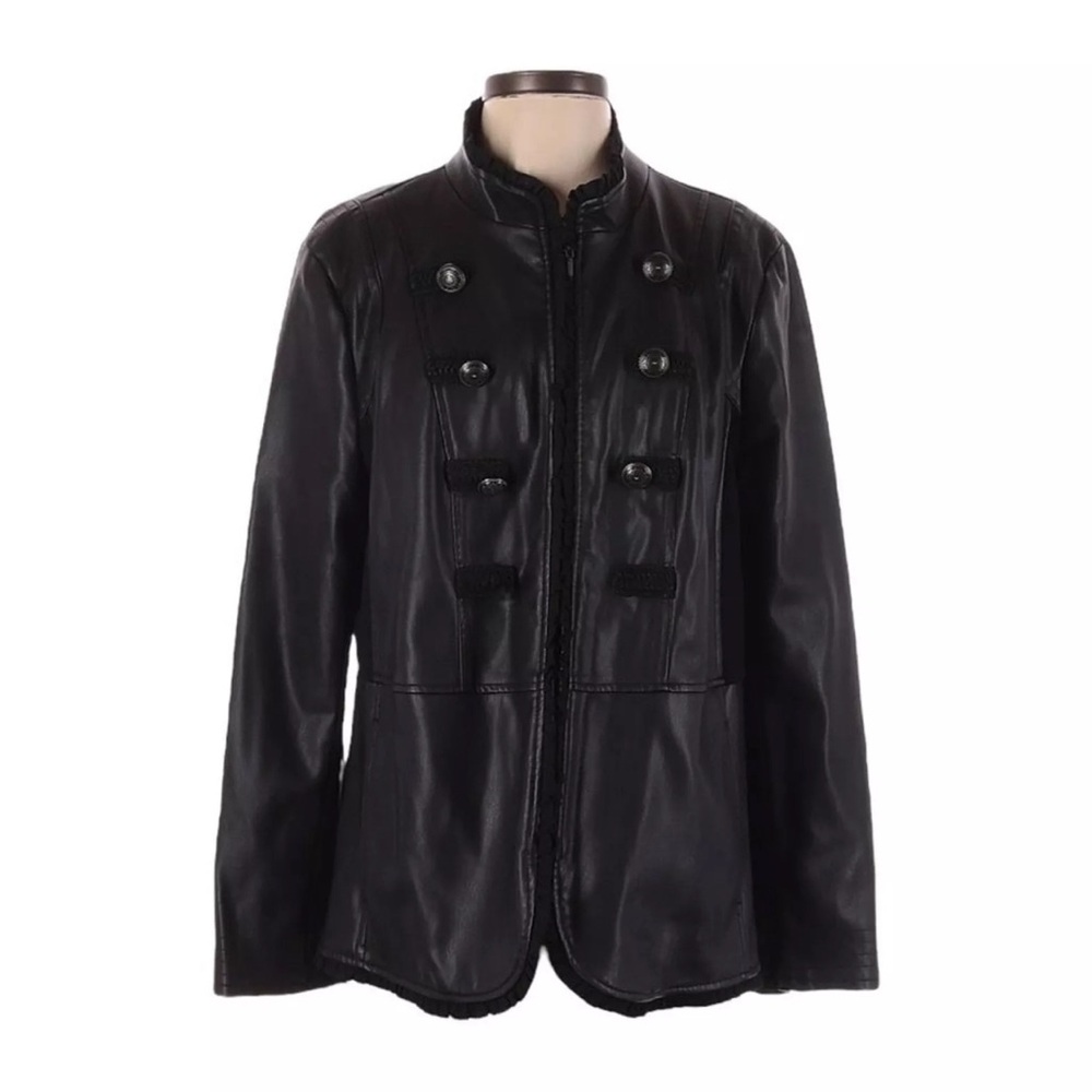 Chico’s Faux Leather Black Military Ruffle Jacket